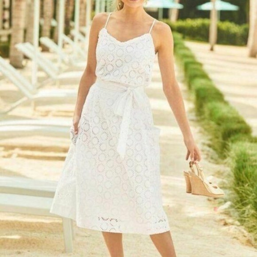 Lilly Pulitzer Pier Midi Skirt 4 White Eyelet Cotton Pockets Belted Resortwear